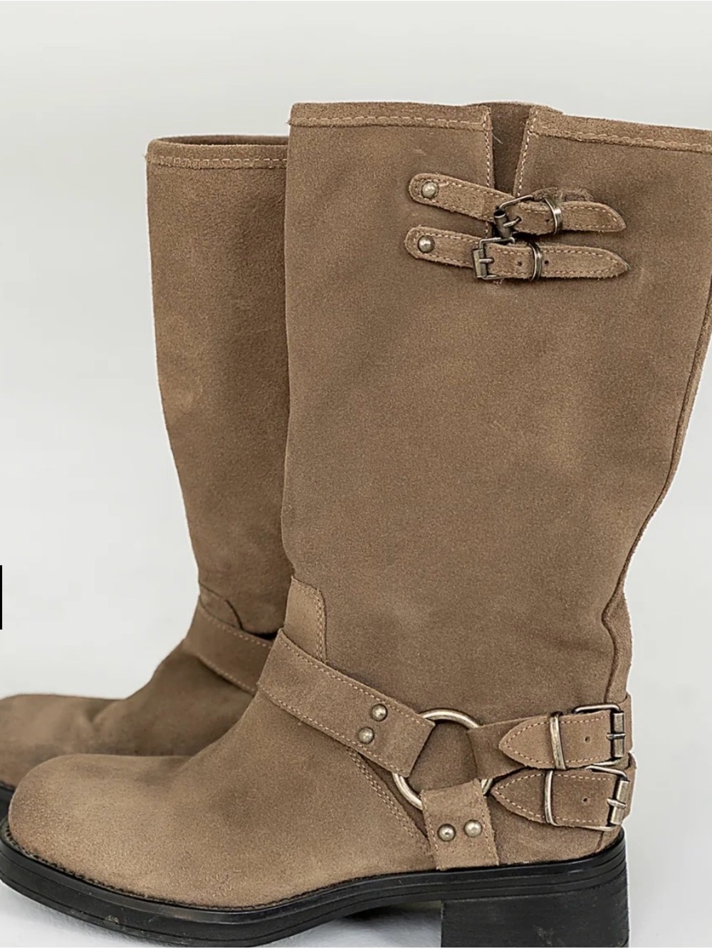 Steve Madden Astor Taupe Suede Leather Mid-Calf Moto Boots - Picture 2 of 4
